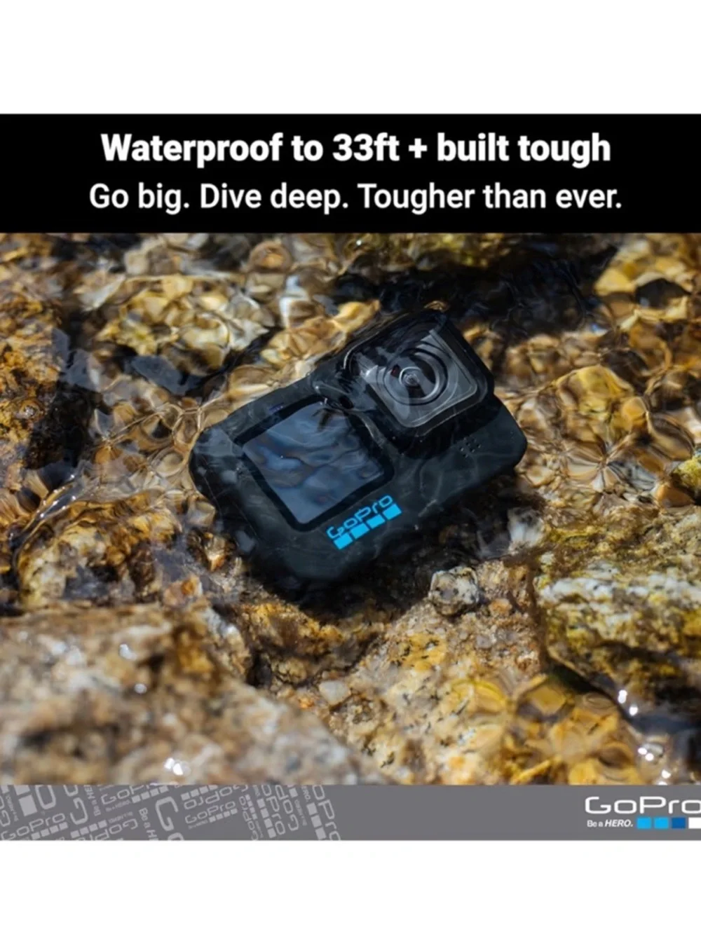 GoPro Black Action Camera with Blue Logo and Accent
